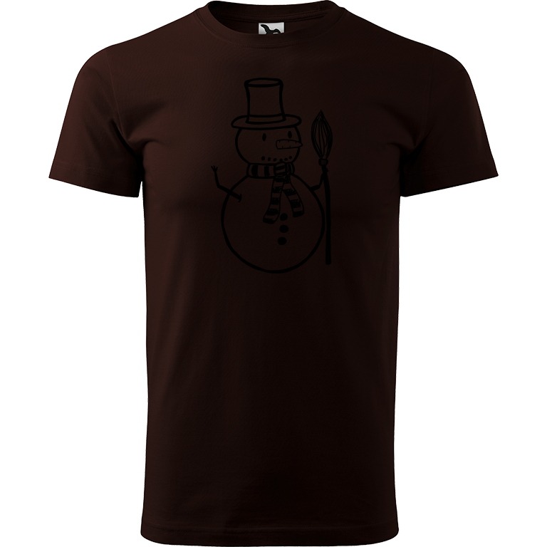 Ručně malované pánské bavlněné tričko - Sněhulák - S koštětem Barva trička: KÁVOVÁ, Velikost trička: XXL, Barva motivu: ČERNÁ