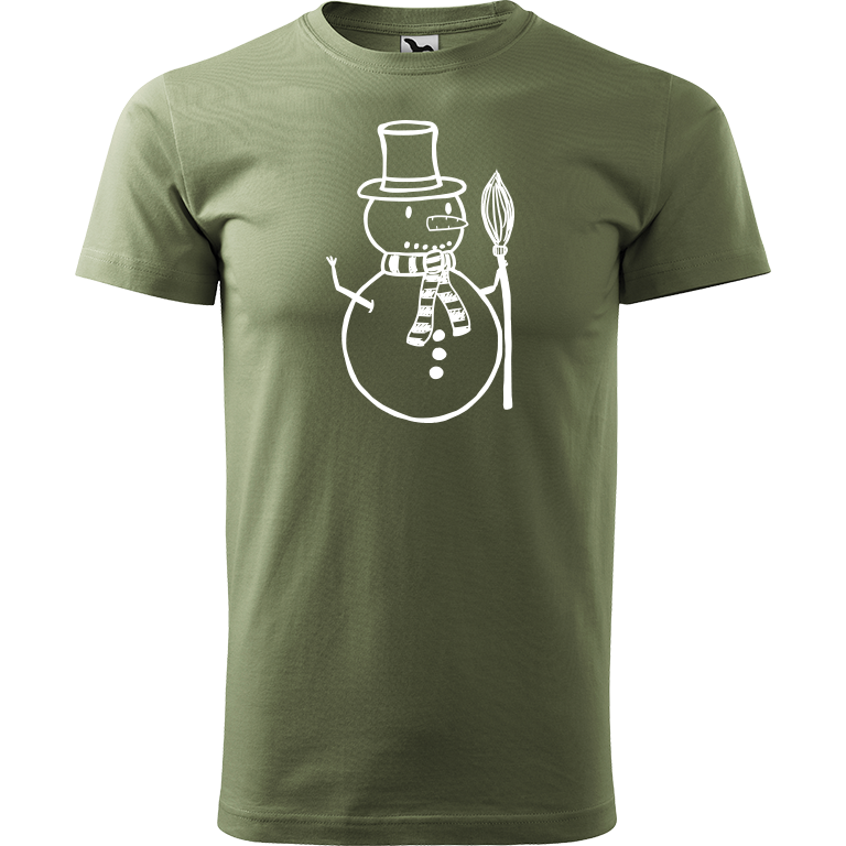 Ručně malované pánské bavlněné tričko - Sněhulák - S koštětem Barva trička: KHAKI, Velikost trička: M, Barva motivu: BÍLÁ