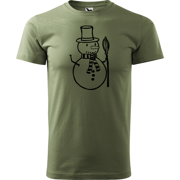 Ručně malované pánské bavlněné tričko - Sněhulák - S koštětem Barva trička: KHAKI, Velikost trička: L, Barva motivu: ČERNÁ
