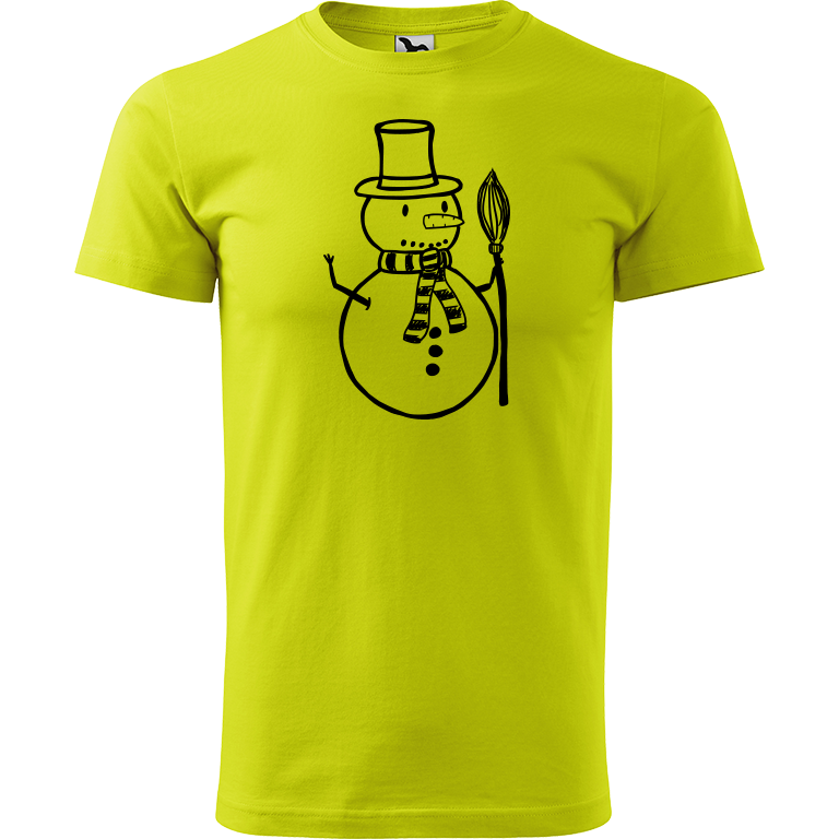 Ručně malované pánské bavlněné tričko - Sněhulák - S koštětem Barva trička: LIMETKOVÁ, Velikost trička: XXL, Barva motivu: ČERNÁ