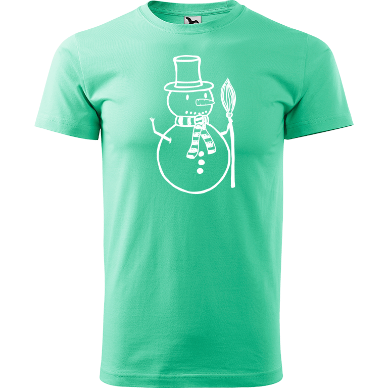 Ručně malované pánské bavlněné tričko - Sněhulák - S koštětem Barva trička: MÁTOVÁ, Velikost trička: L, Barva motivu: BÍLÁ