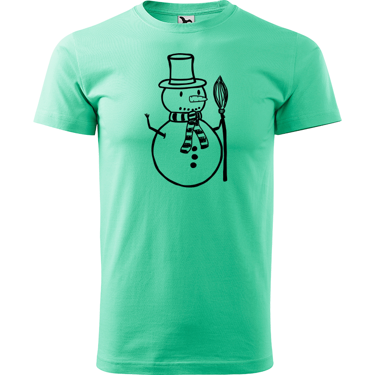 Ručně malované pánské bavlněné tričko - Sněhulák - S koštětem Barva trička: MÁTOVÁ, Velikost trička: XL, Barva motivu: ČERNÁ