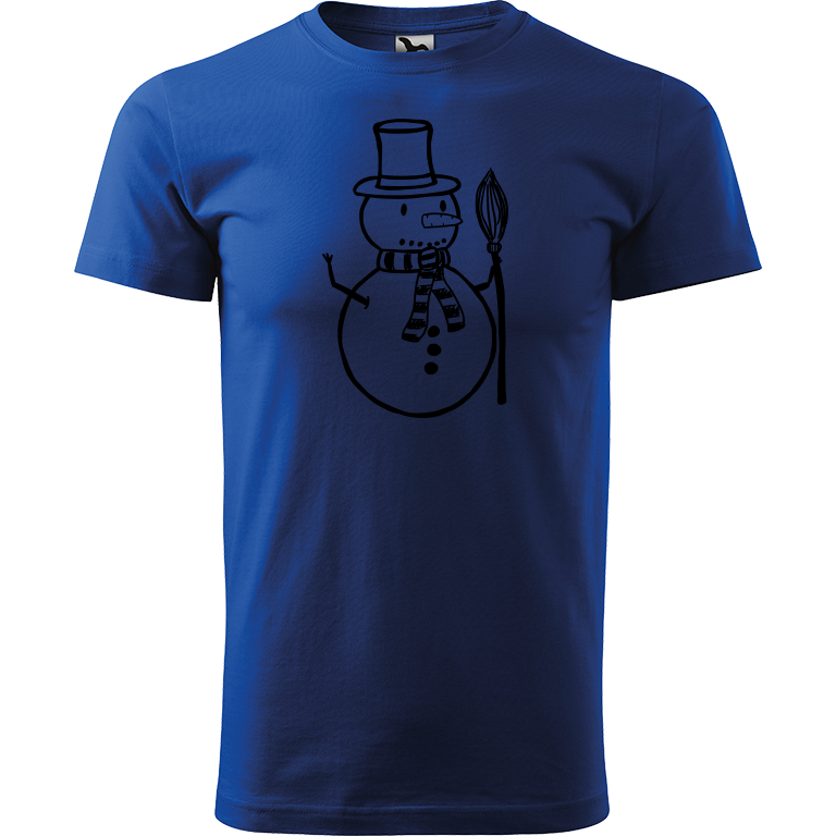 Ručně malované pánské bavlněné tričko - Sněhulák - S koštětem Barva trička: MODRÁ, Velikost trička: XS, Barva motivu: ČERNÁ
