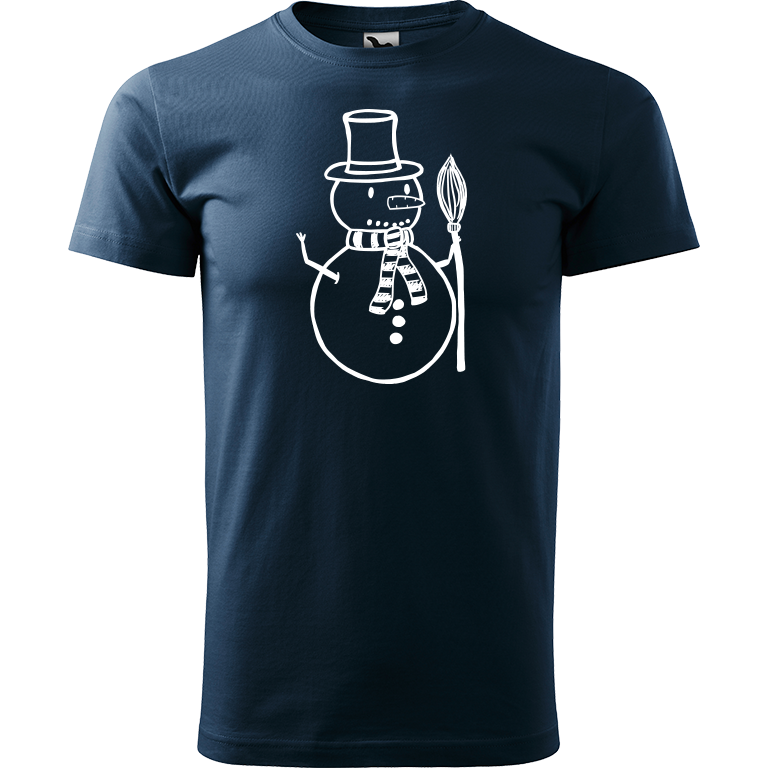 Ručně malované pánské bavlněné tričko - Sněhulák - S koštětem Barva trička: NÁMOŘNICKÁ MODRÁ, Velikost trička: XS, Barva motivu: BÍLÁ