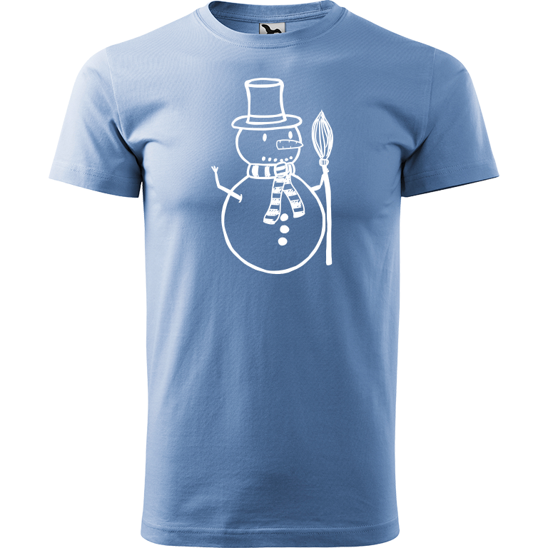 Ručně malované pánské bavlněné tričko - Sněhulák - S koštětem Barva trička: NEBESKY MODRÁ, Velikost trička: L, Barva motivu: BÍLÁ