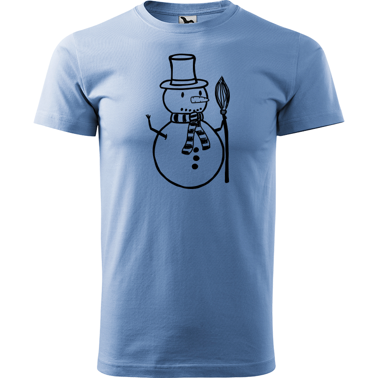 Ručně malované pánské bavlněné tričko - Sněhulák - S koštětem Barva trička: NEBESKY MODRÁ, Velikost trička: L, Barva motivu: ČERNÁ