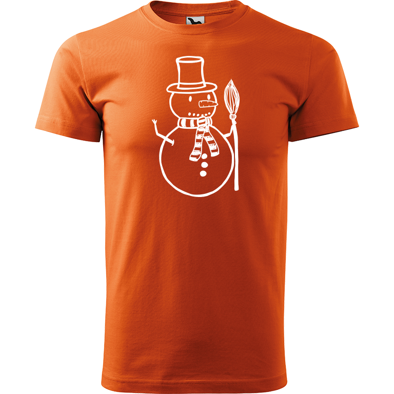 Ručně malované pánské bavlněné tričko - Sněhulák - S koštětem Barva trička: ORANŽOVÁ, Velikost trička: XL, Barva motivu: BÍLÁ