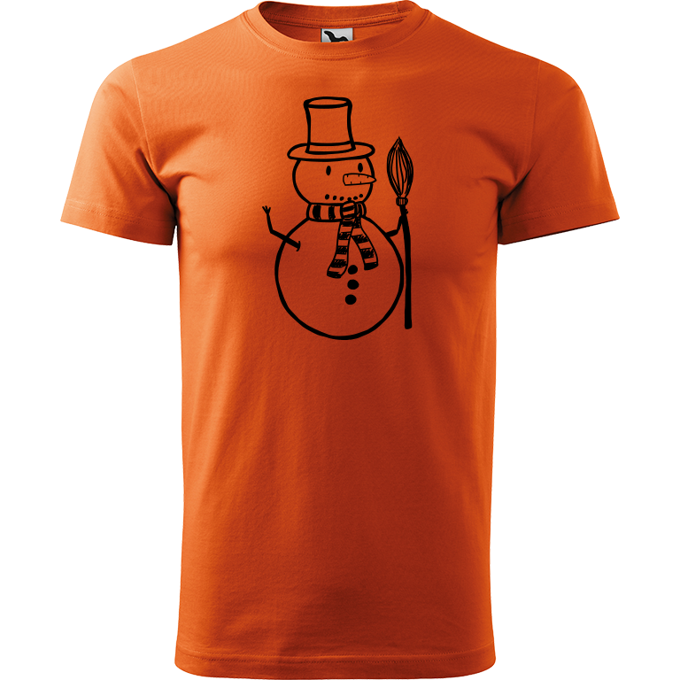 Ručně malované pánské bavlněné tričko - Sněhulák - S koštětem Barva trička: ORANŽOVÁ, Velikost trička: XL, Barva motivu: ČERNÁ