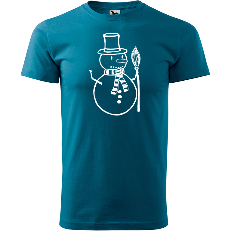 Ručně malované pánské bavlněné tričko - Sněhulák - S koštětem Barva trička: PETROLEJOVÁ, Velikost trička: M, Barva motivu: BÍLÁ