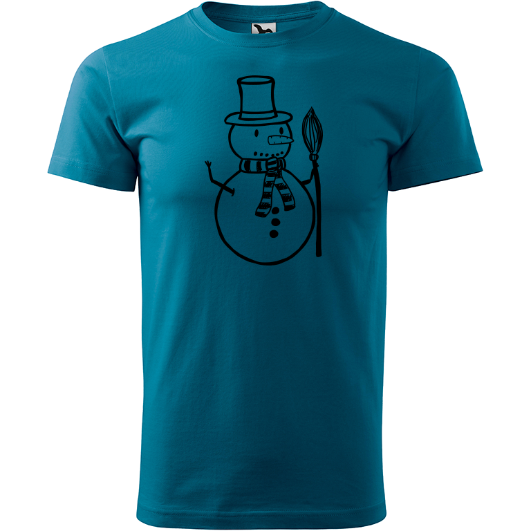 Ručně malované pánské bavlněné tričko - Sněhulák - S koštětem Barva trička: PETROLEJOVÁ, Velikost trička: XS, Barva motivu: ČERNÁ
