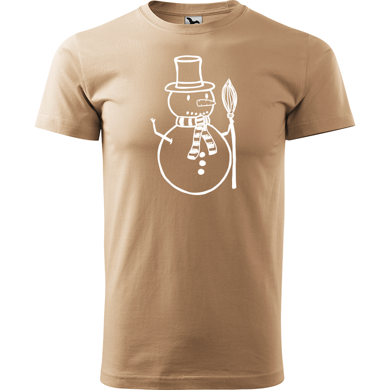 Ručně malované pánské bavlněné tričko - Sněhulák - S koštětem Barva trička: PÍSKOVÁ, Velikost trička: M, Barva motivu: BÍLÁ
