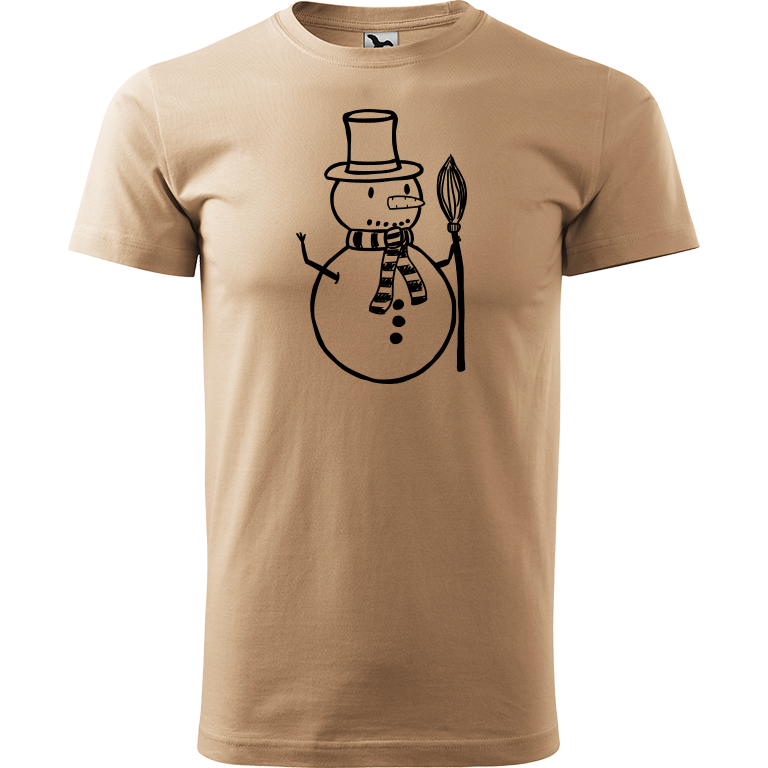 Ručně malované pánské bavlněné tričko - Sněhulák - S koštětem Barva trička: PÍSKOVÁ, Velikost trička: XXL, Barva motivu: ČERNÁ