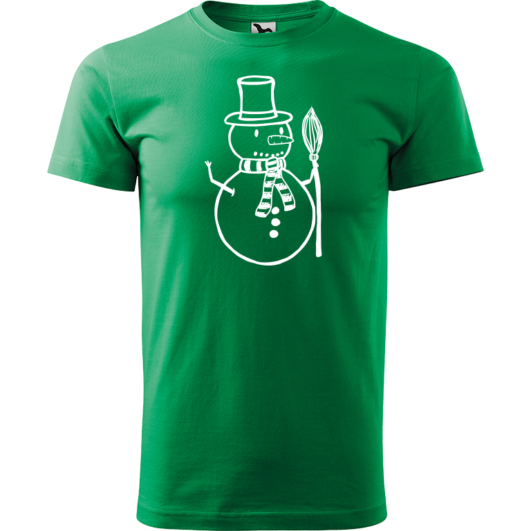 Ručně malované pánské bavlněné tričko - Sněhulák - S koštětem Barva trička: STŘEDNĚ ZELENÁ, Velikost trička: XL, Barva motivu: BÍLÁ