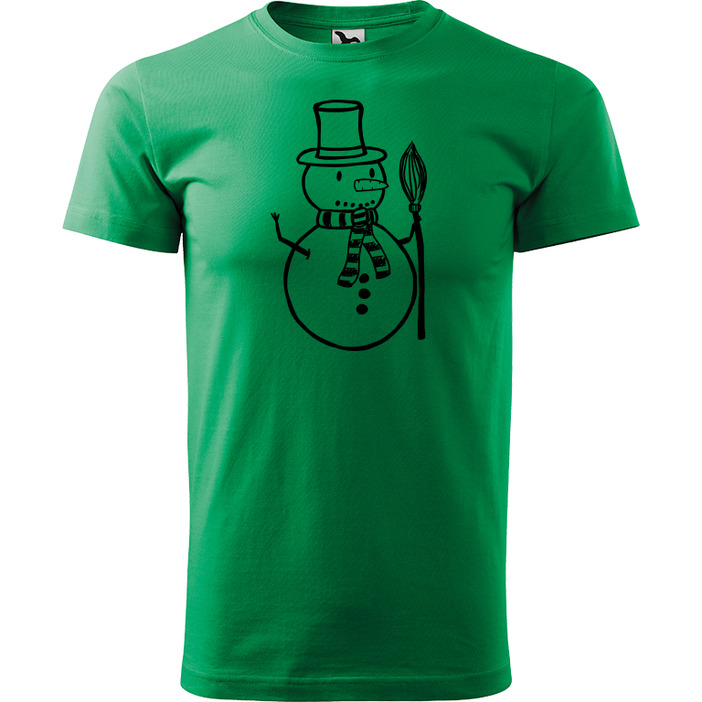 Ručně malované pánské bavlněné tričko - Sněhulák - S koštětem Barva trička: STŘEDNĚ ZELENÁ, Velikost trička: XXL, Barva motivu: ČERNÁ