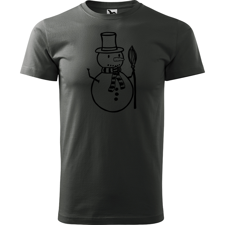 Ručně malované pánské bavlněné tričko - Sněhulák - S koštětem Barva trička: TMAVÁ BŘIDLICE, Velikost trička: XXL, Barva motivu: ČERNÁ