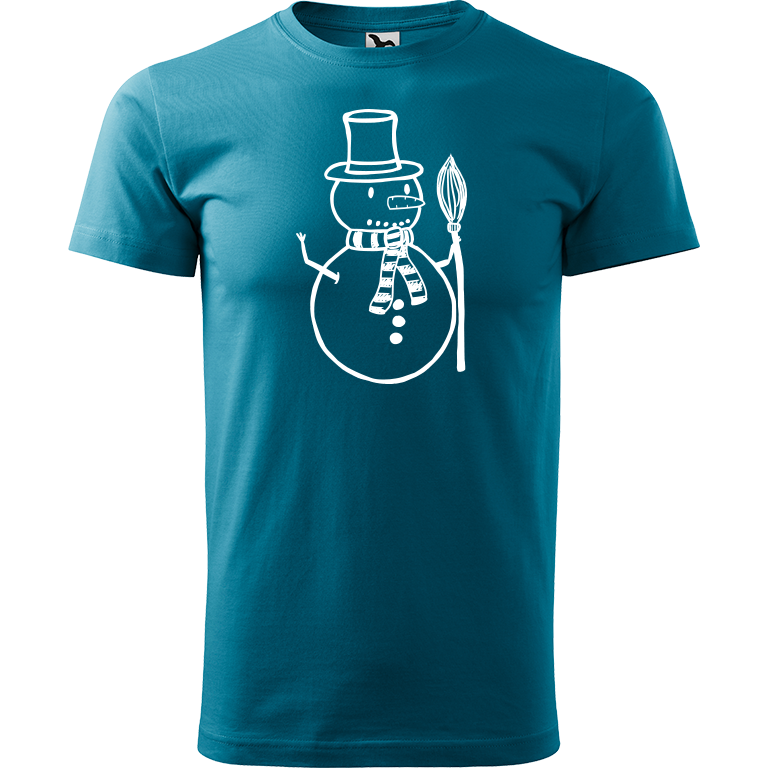 Ručně malované pánské bavlněné tričko - Sněhulák - S koštětem Barva trička: TMAVĚ TYRKYSOVÁ, Velikost trička: L, Barva motivu: BÍLÁ