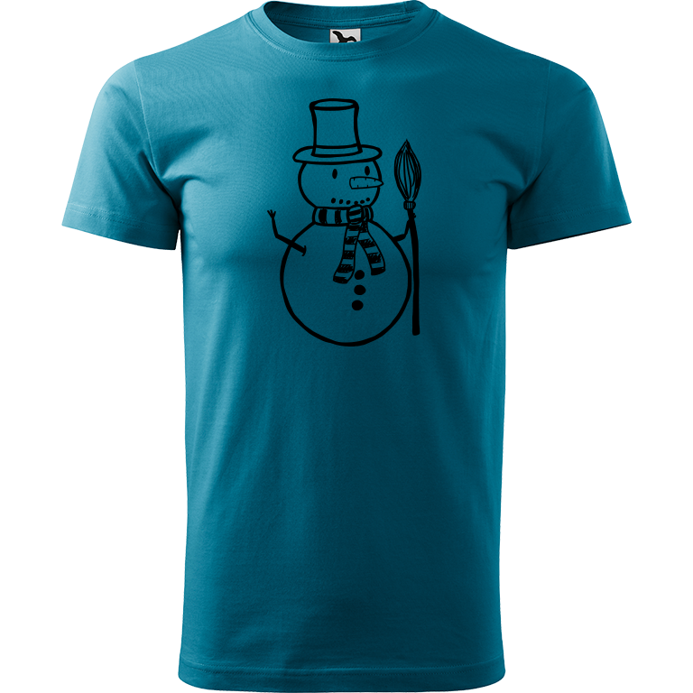 Ručně malované pánské bavlněné tričko - Sněhulák - S koštětem Barva trička: TMAVĚ TYRKYSOVÁ, Velikost trička: M, Barva motivu: ČERNÁ