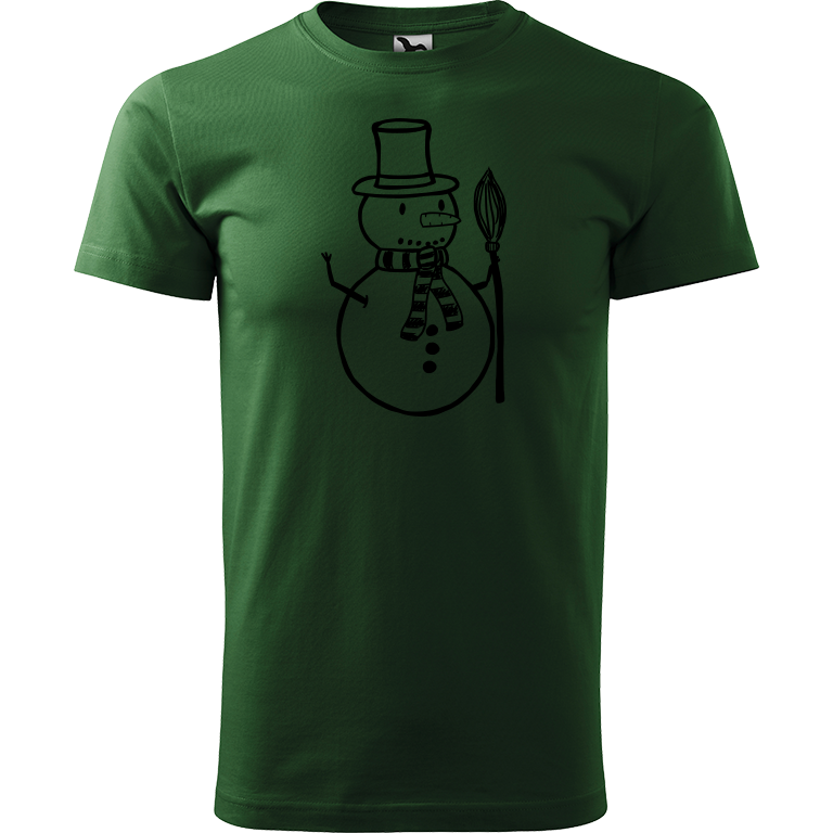 Ručně malované pánské bavlněné tričko - Sněhulák - S koštětem Barva trička: TMAVĚ ZELENÁ, Velikost trička: L, Barva motivu: ČERNÁ