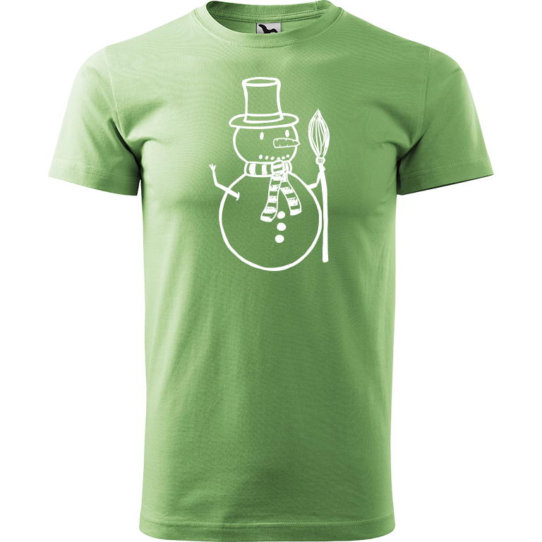 Ručně malované pánské bavlněné tričko - Sněhulák - S koštětem Barva trička: TRÁVOVĚ ZELENÁ, Velikost trička: XL, Barva motivu: BÍLÁ