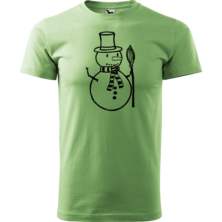 Ručně malované pánské bavlněné tričko - Sněhulák - S koštětem Barva trička: TRÁVOVĚ ZELENÁ, Velikost trička: M, Barva motivu: ČERNÁ