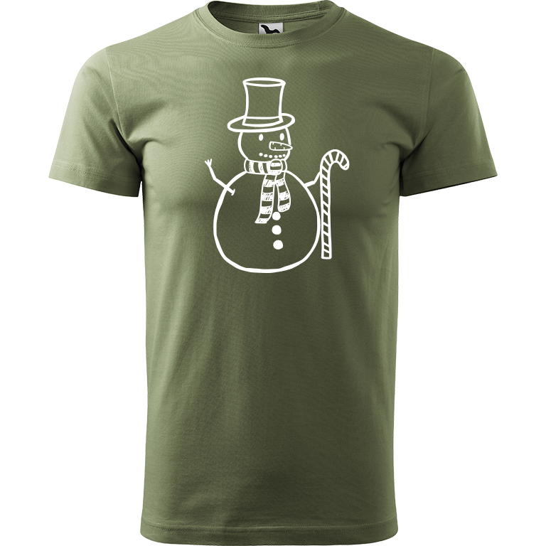 Ručně malované pánské bavlněné tričko - Sněhulák - S ozdobou Barva trička: KHAKI, Velikost trička: XL, Barva motivu: BÍLÁ