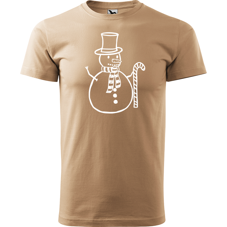 Ručně malované pánské bavlněné tričko - Sněhulák - S ozdobou Barva trička: PÍSKOVÁ, Velikost trička: XL, Barva motivu: BÍLÁ