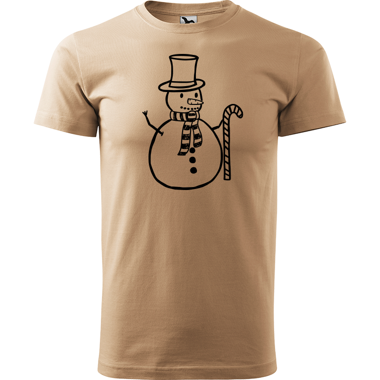 Ručně malované pánské bavlněné tričko - Sněhulák - S ozdobou Barva trička: PÍSKOVÁ, Velikost trička: XXL, Barva motivu: ČERNÁ
