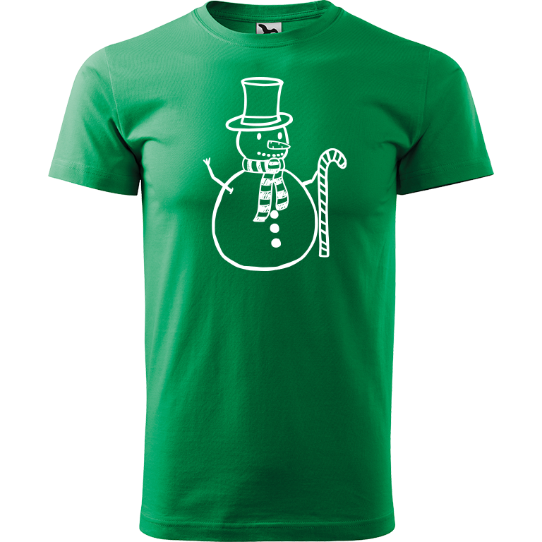 Ručně malované pánské bavlněné tričko - Sněhulák - S ozdobou Barva trička: STŘEDNĚ ZELENÁ, Velikost trička: XL, Barva motivu: BÍLÁ