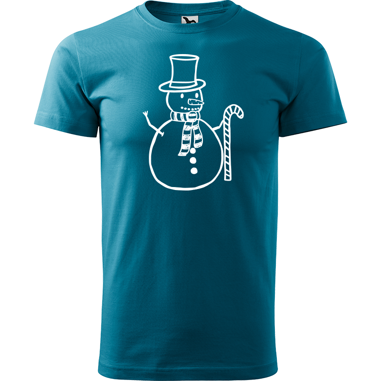 Ručně malované pánské bavlněné tričko - Sněhulák - S ozdobou Barva trička: TMAVĚ TYRKYSOVÁ, Velikost trička: XS, Barva motivu: BÍLÁ