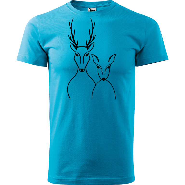 Ručně malované pánské bavlněné tričko - Srnka & Jelen Barva trička: TYRKYSOVÁ, Velikost trička: XXL, Barva motivu: ČERNÁ