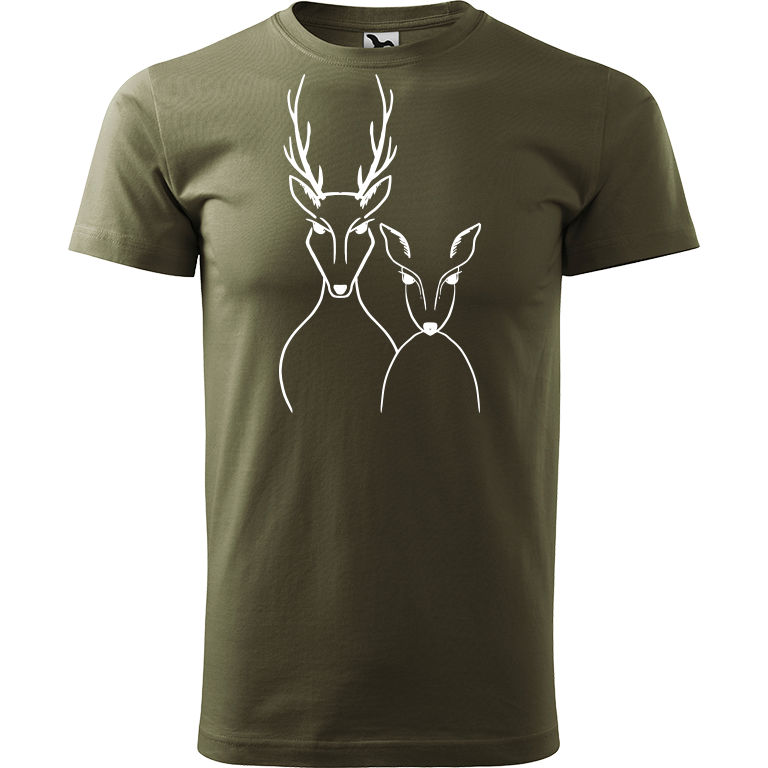 Ručně malované pánské bavlněné tričko - Srnka & Jelen Barva trička: ARMY, Velikost trička: L, Barva motivu: BÍLÁ