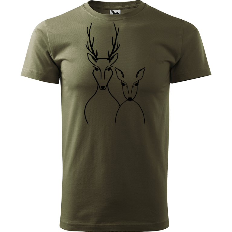 Ručně malované pánské bavlněné tričko - Srnka & Jelen Barva trička: ARMY, Velikost trička: XS, Barva motivu: ČERNÁ
