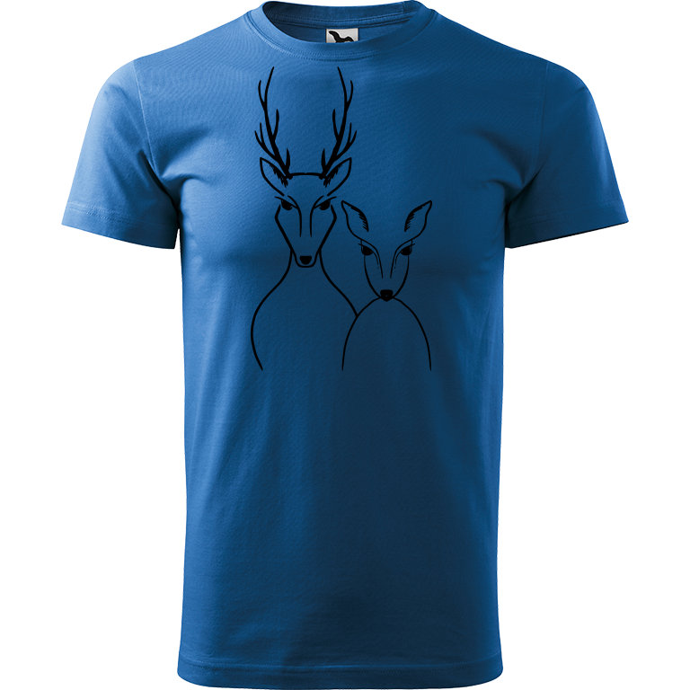 Ručně malované pánské bavlněné tričko - Srnka & Jelen Barva trička: AZUROVÁ, Velikost trička: L, Barva motivu: ČERNÁ