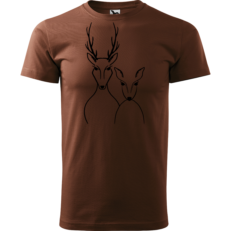 Ručně malované pánské bavlněné tričko - Srnka & Jelen Barva trička: ČOKOLÁDOVÁ, Velikost trička: XXL, Barva motivu: ČERNÁ