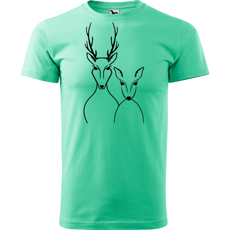 Ručně malované pánské bavlněné tričko - Srnka & Jelen Barva trička: MÁTOVÁ, Velikost trička: XL, Barva motivu: ČERNÁ