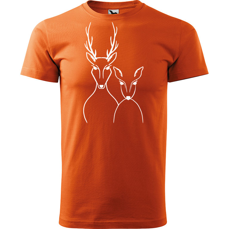 Ručně malované pánské bavlněné tričko - Srnka & Jelen Barva trička: ORANŽOVÁ, Velikost trička: S, Barva motivu: BÍLÁ