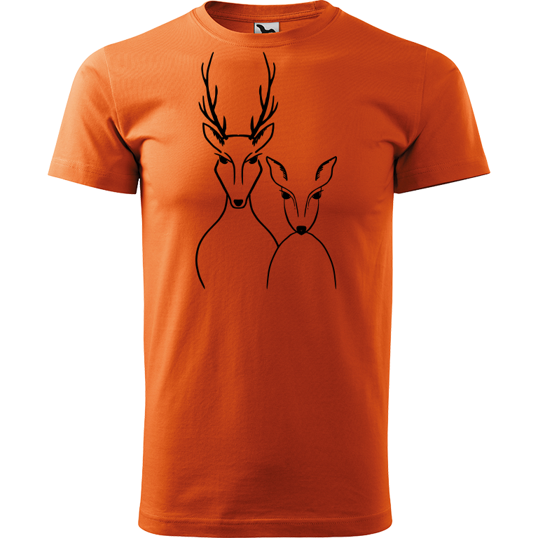 Ručně malované pánské bavlněné tričko - Srnka & Jelen Barva trička: ORANŽOVÁ, Velikost trička: S, Barva motivu: ČERNÁ