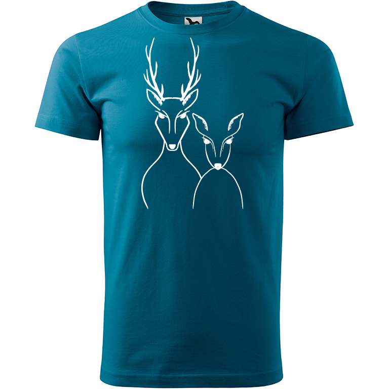 Ručně malované pánské bavlněné tričko - Srnka & Jelen Barva trička: PETROLEJOVÁ, Velikost trička: XXL, Barva motivu: BÍLÁ