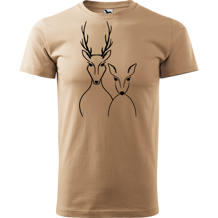 Ručně malované pánské bavlněné tričko - Srnka & Jelen Barva trička: PÍSKOVÁ, Velikost trička: XL, Barva motivu: ČERNÁ