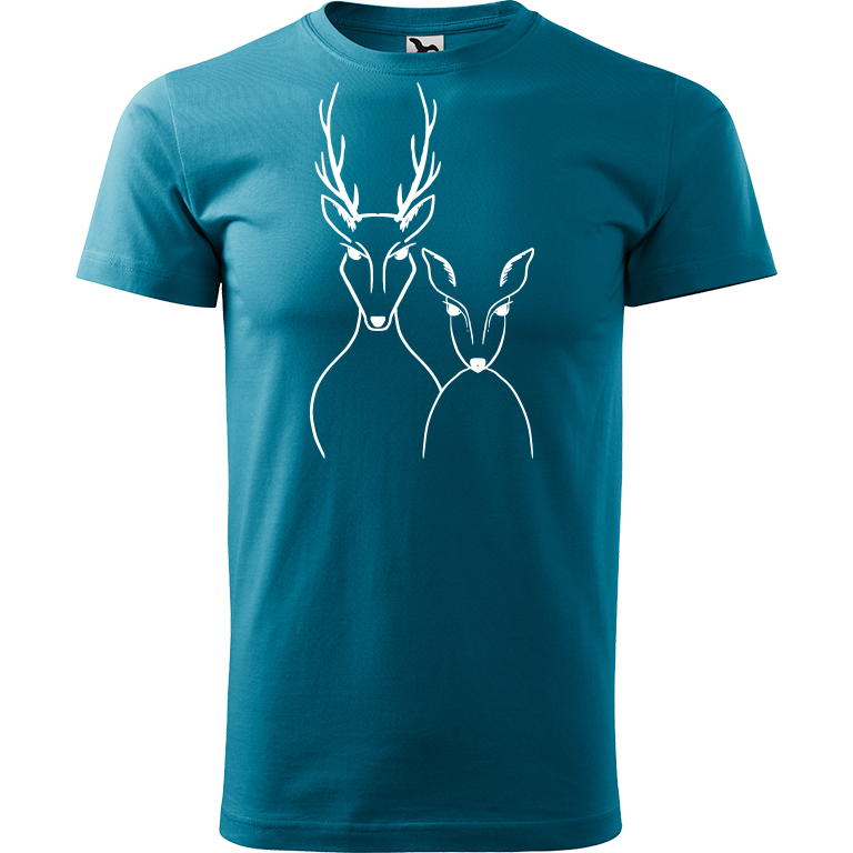 Ručně malované pánské bavlněné tričko - Srnka & Jelen Barva trička: TMAVĚ TYRKYSOVÁ, Velikost trička: XL, Barva motivu: BÍLÁ
