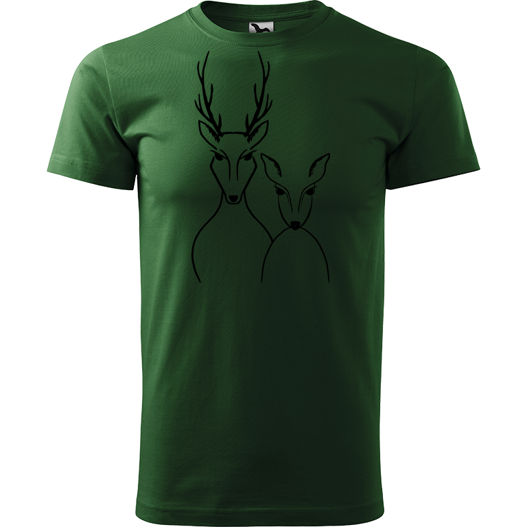 Ručně malované pánské bavlněné tričko - Srnka & Jelen Barva trička: TMAVĚ ZELENÁ, Velikost trička: XXL, Barva motivu: ČERNÁ