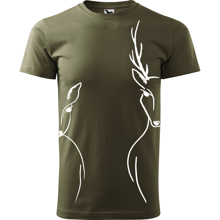 Ručně malované pánské bavlněné tričko - Srnka & Jelen na bocích Barva trička: ARMY, Velikost trička: XS, Barva motivu: BÍLÁ