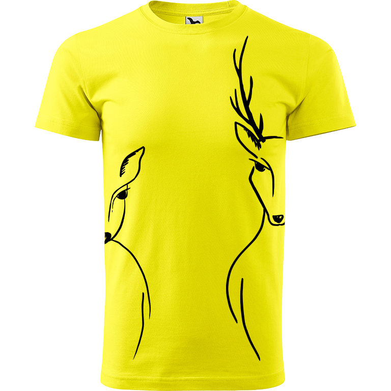 Ručně malované pánské bavlněné tričko - Srnka & Jelen na bocích Barva trička: CITRONOVÁ, Velikost trička: XXL, Barva motivu: ČERNÁ