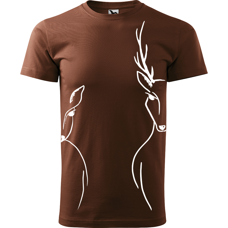 Ručně malované pánské bavlněné tričko - Srnka & Jelen na bocích Barva trička: ČOKOLÁDOVÁ, Velikost trička: XL, Barva motivu: BÍLÁ
