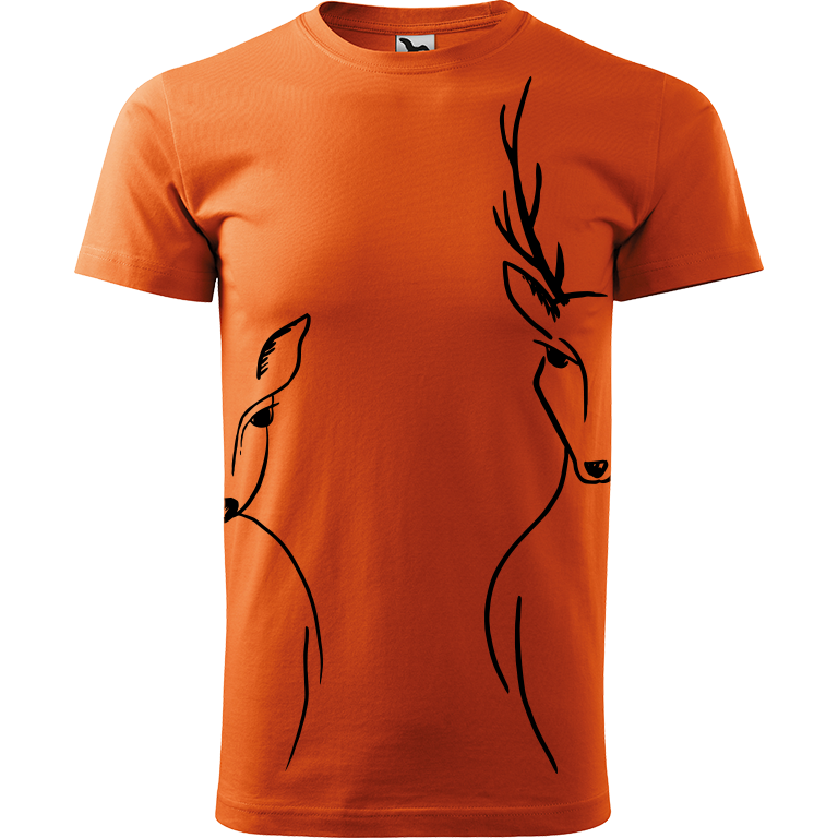 Ručně malované pánské bavlněné tričko - Srnka & Jelen na bocích Barva trička: ORANŽOVÁ, Velikost trička: XXL, Barva motivu: ČERNÁ