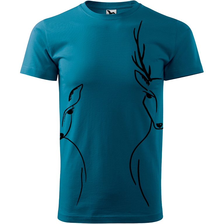 Ručně malované pánské bavlněné tričko - Srnka & Jelen na bocích Barva trička: PETROLEJOVÁ, Velikost trička: XL, Barva motivu: ČERNÁ