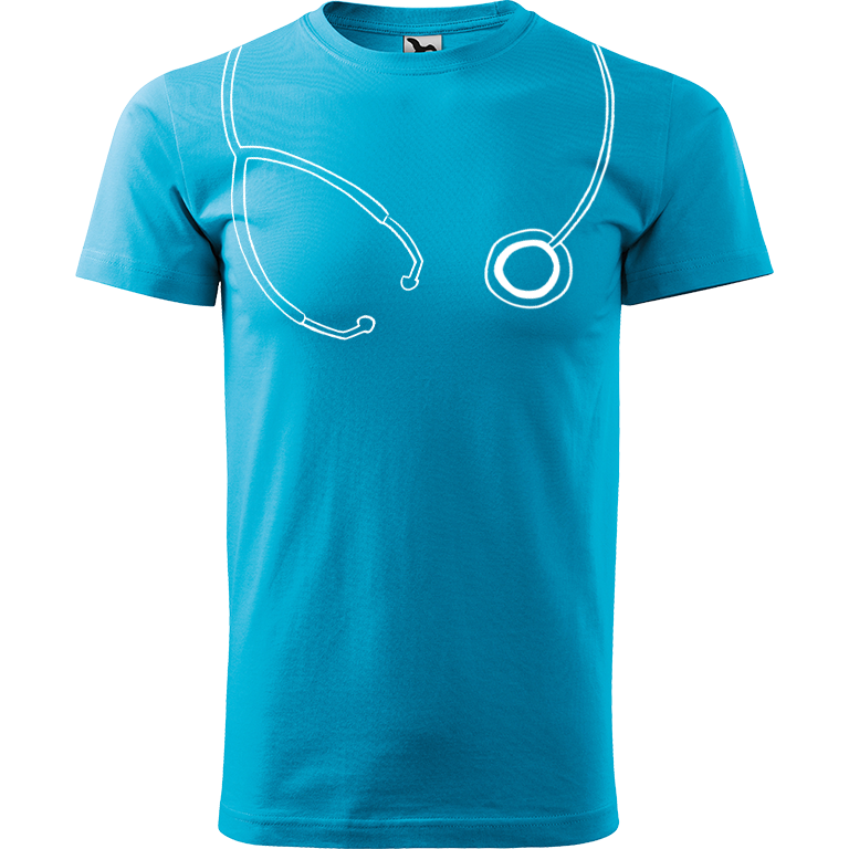Ručně malované pánské bavlněné tričko - Stetoskop Barva trička: TYRKYSOVÁ, Velikost trička: M, Barva motivu: BÍLÁ