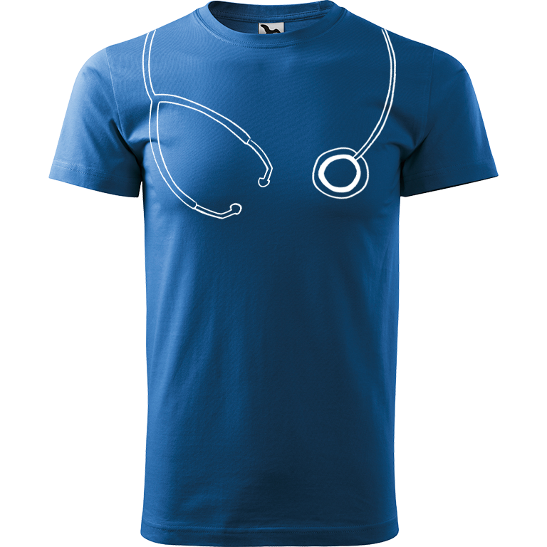 Ručně malované pánské bavlněné tričko - Stetoskop Barva trička: AZUROVÁ, Velikost trička: L, Barva motivu: BÍLÁ