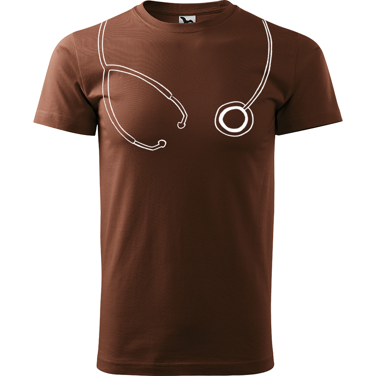 Ručně malované pánské bavlněné tričko - Stetoskop Barva trička: ČOKOLÁDOVÁ, Velikost trička: XXL, Barva motivu: BÍLÁ