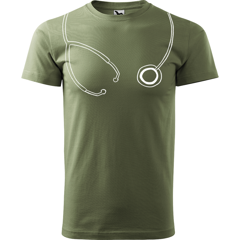 Ručně malované pánské bavlněné tričko - Stetoskop Barva trička: KHAKI, Velikost trička: M, Barva motivu: BÍLÁ